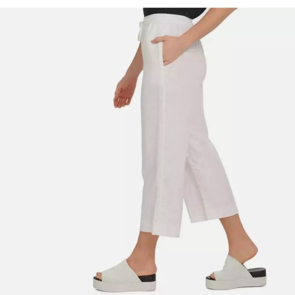DKNY Pure NEW Linen Cotton XL Wide Leg Pockets PullOn Pant Crop Light Minimalist - Picture 3 of 11